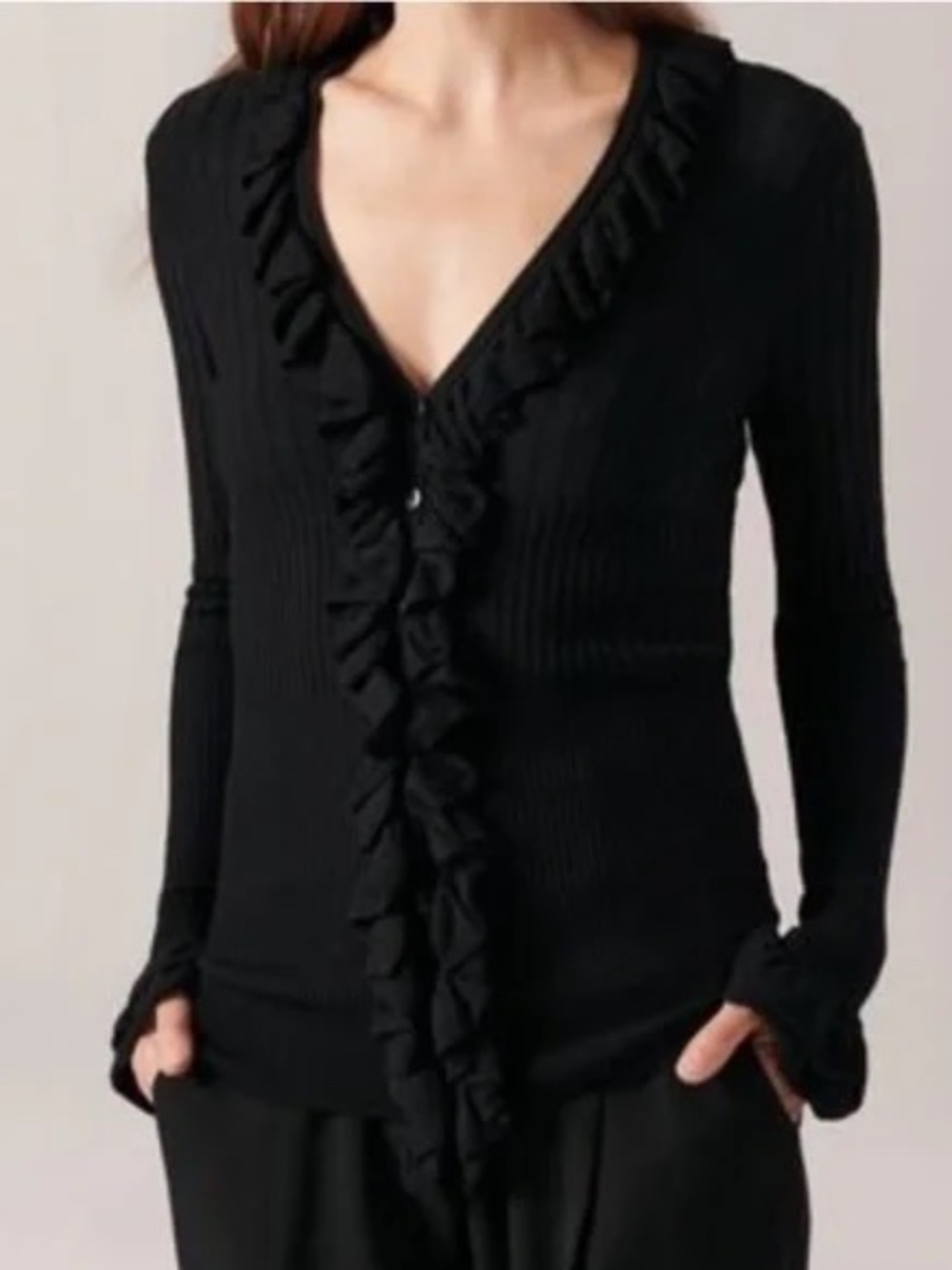 Anne Fontaine Parfaite Black Ribbed Wool Knit Ruffle Cardigan Size 10 US